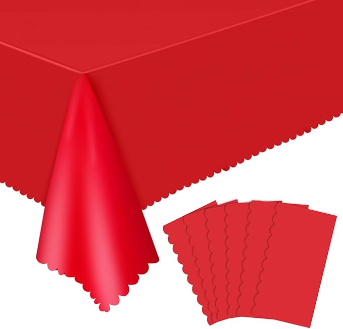 6 Pack Red Plastic Tablecloths, 54 x 108 inch Christmas Scalloped Tablecloths Disposable Red Table Cloths for Rectangle Tables Waterproof Table Covers for Christmas Wedding Anniversary Party