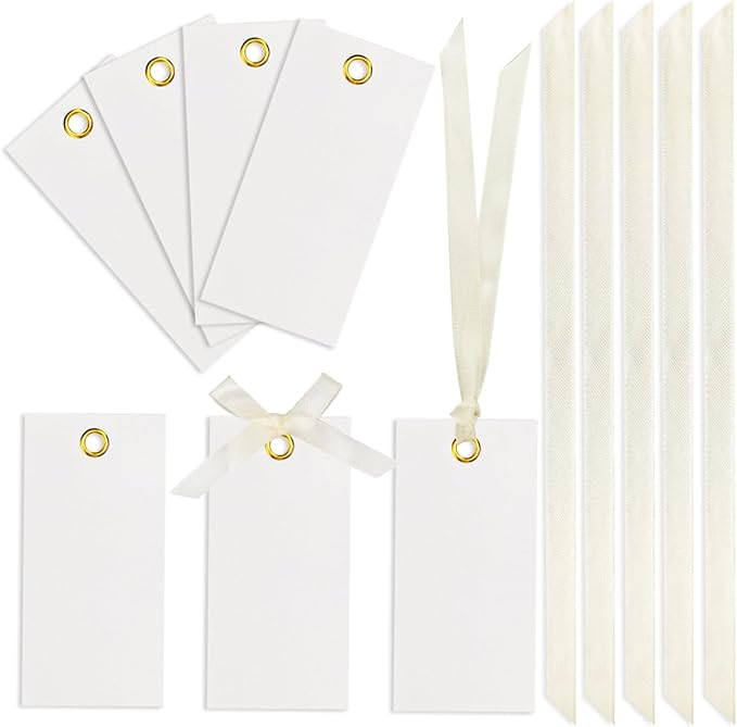 25 Pcs Name Place Cards Blank Seat Card, 2 x 4 in Table Cards with Stain Ribbon, Wedding Place Card, Hanging Tags for Wedding table Setting Reserved Chairs Signs Dinner Banquet Parties.(Beige)