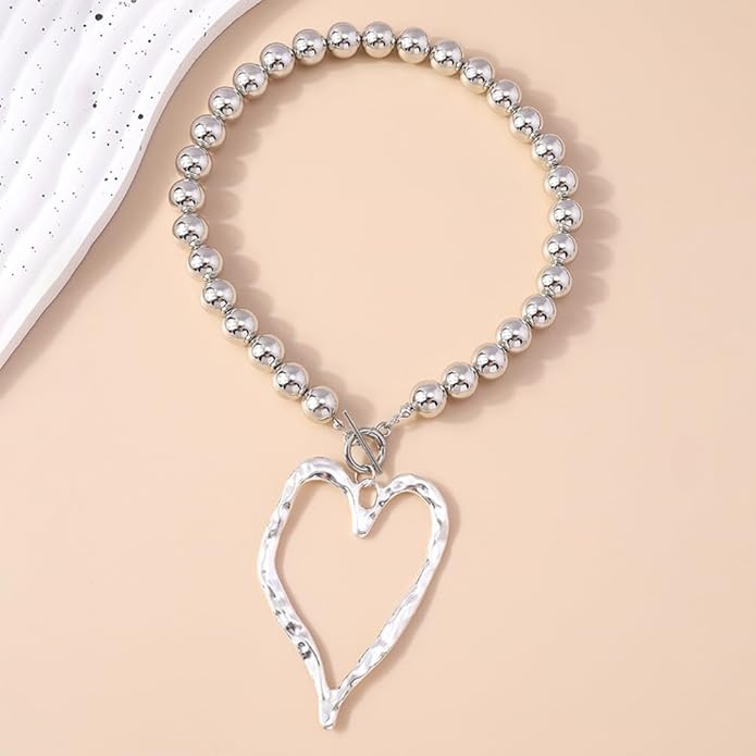 Unique Big Chunky Gold Heart Beads Necklace for Women, Charm Large Thick Hollow Love Heart Pendant Beaded Chain Choker Necklaces Party Y2K Jewelry Gift