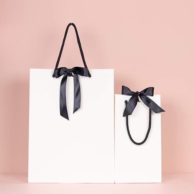 PAPERIST 10pcs Elegance Gift Bag with Satin Bows Ribbon, Sturdy Durable Thick Gift Bag, White gift bag with Black handle and Ribbon, Gift bag for Wedding, Christmas, Birthday Party, Bridal Shower