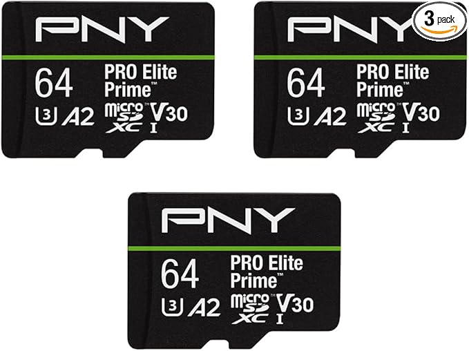 PNY 64GB PRO Elite Prime C10 U3 V30 A2 microSDXC Flash Memory Card – Ultra-Fast Speeds, Read 200MB/s, Write 110MB/s, 4K UHD, Full HD, UHS-I, for Smartphones, Drones, Action Cameras, 3-Pack