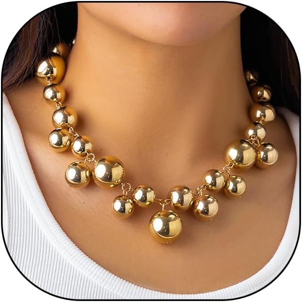 Chunky Pearls Statement Choker Necklace for Women,14K Gold Large Beaded Punk Ball Cluster Collar Necklace Party Dainty Jewelry Gift