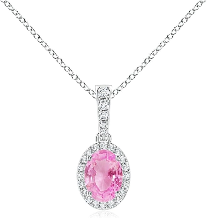 Angara Natural Pink Sapphire Pendant for Women | Vintage Style Oval Pink Sapphire Halo Pendant in 14K Solid Gold/Platinum With 18" Chain | Birthday, Anniversary, Gemstone Jewelry Gift