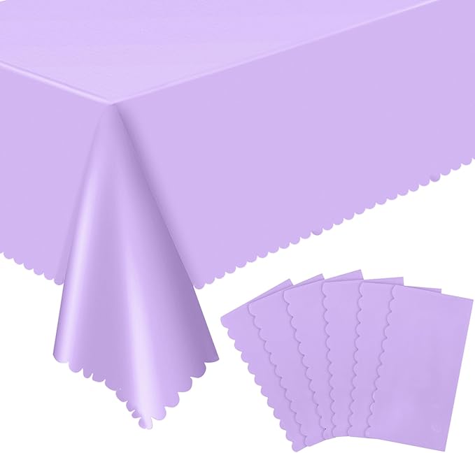 6 Pack Lavender Plastic Tablecloth, 54 X 108Inch Disposable Light Purple Scalloped Table Cloth Tables Waterproof Spring Table Cover for BBQ Picnic Baby Shower Birthday Wedding Garden Party Decor