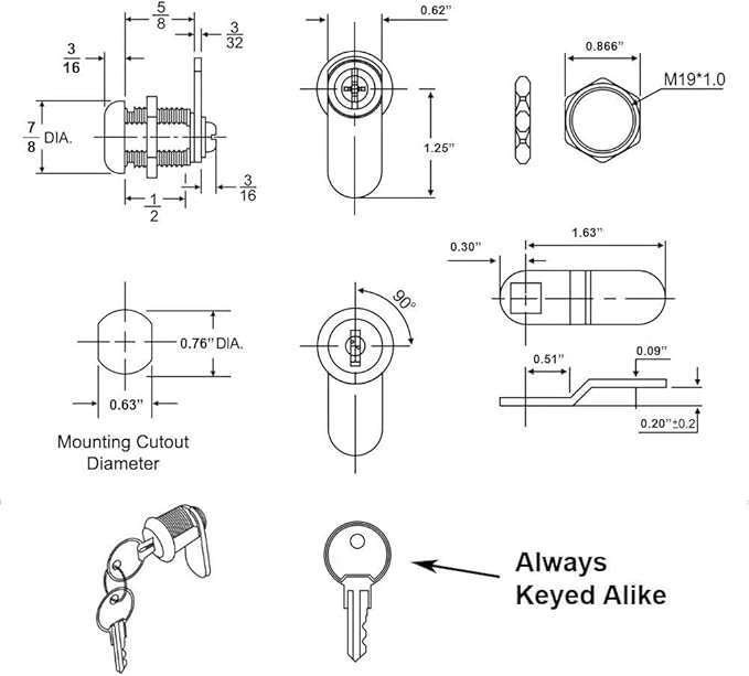 Cabinet Cam Lock - 5/8" Pack of 4 Cabinet Locks with Keys for RVs, Drawer Lock Including 4 Cylinder Round Face Tool Box Locks, 4 Straight & 4 Offset Cams, 4 Alike Keys with Bonus Key Chain