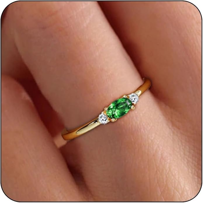 14k Gold Plated Birthstone Rings for Women Dainty Stackable Rings Non Tarnish Thumb CZ Emerald Green Gemstone Ring Cute Jewelry Birthday Valentine Gift for Mother Daughter Band Size 6-11