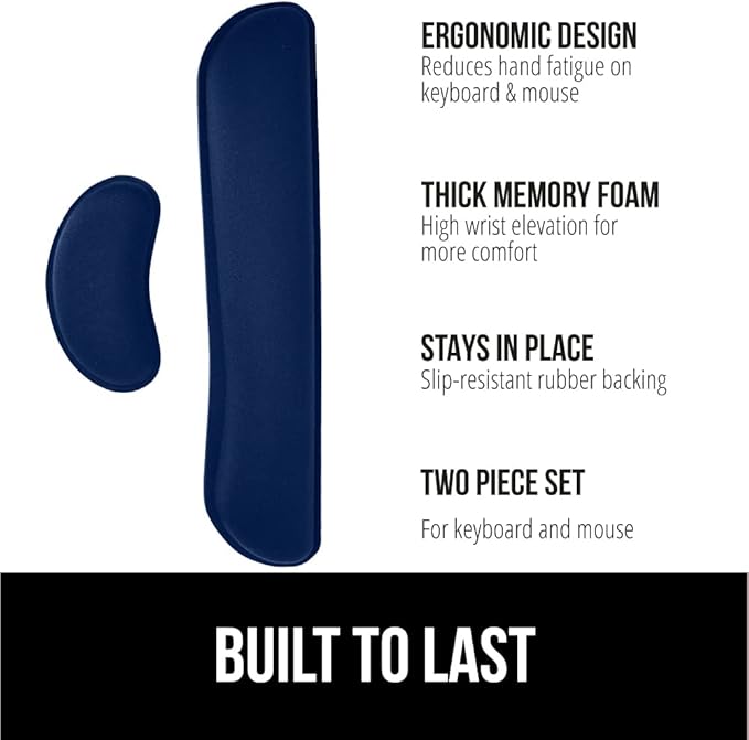 GORILLA GRIP Silky Gel Memory Foam Wrist Rest for Computer Keyboard, Mouse, Ergonomic Design for Typing Pain Relief, Desk Pads Support Hand and Arm, Mousepad Rests, Stain Resistant, 2 Piece Pad, Navy