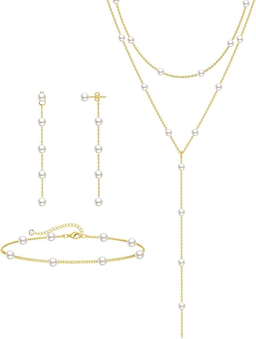 Zeffy Gold Pearl Necklace for Women, Dainty 14K Gold/Silve Plated Layered Pearl Choker Pearl Earrings Pearl Bracelets Wedding Trendy Gold Jewelry Set for Women Gifts