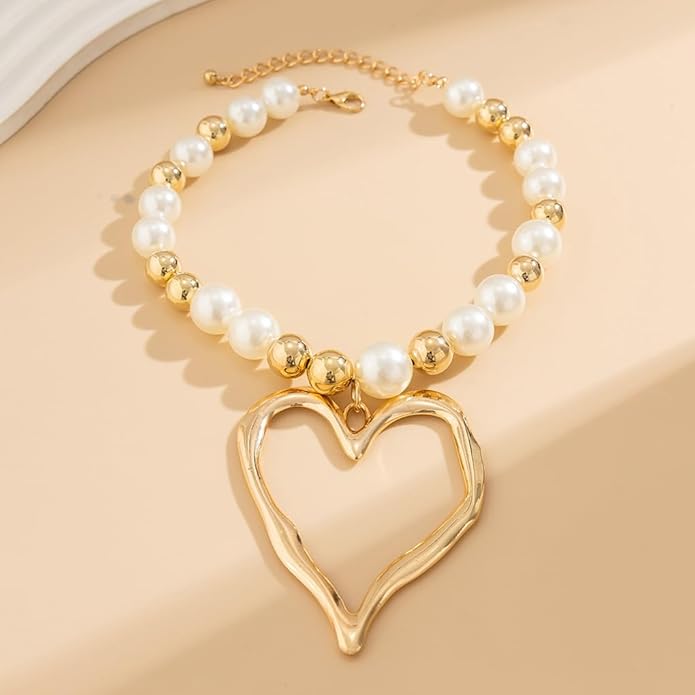 Exaggerated Heart Pendant Pearl Necklace,Charming Plated Gold Chunky Love Ball Statement Choker,Sweet Heart Beaded Collar Necklace for Women