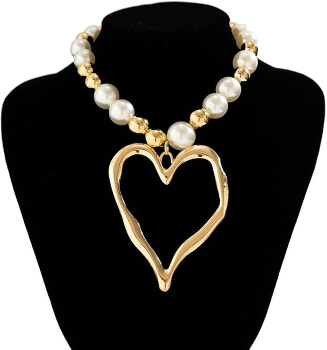 Exaggerated Heart Pendant Pearl Necklace,Charming Plated Gold Chunky Love Ball Statement Choker,Sweet Heart Beaded Collar Necklace for Women