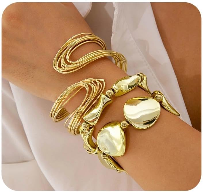 Chunky Gold Bracelets for Women,Trendy Geometric Cuff Bracelet,Layered Stacked Statement Bangle Set, Fashionable Anniversary Jewelry Accessories Gifts