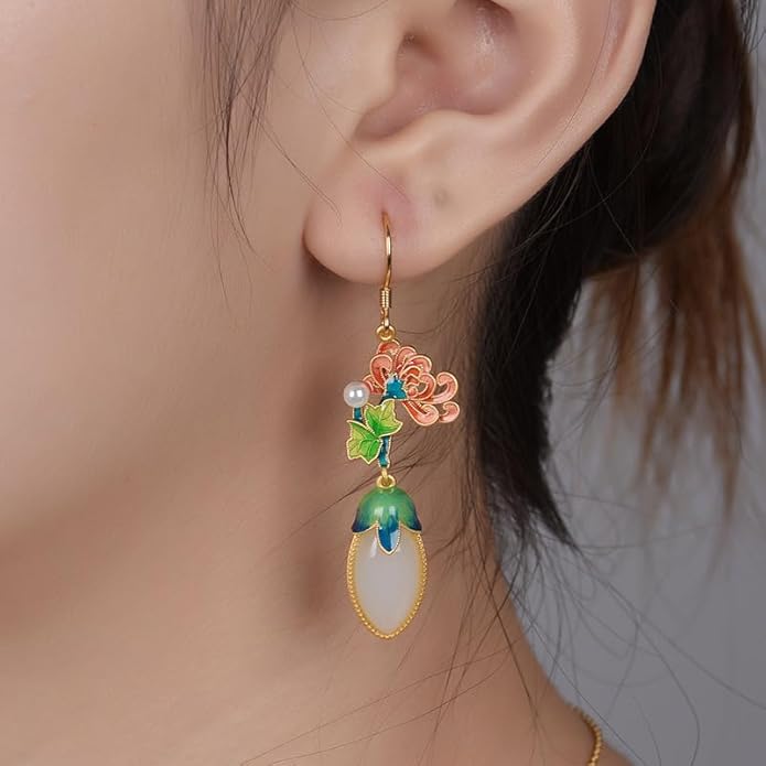 14K Gold over 925 Sliver Natural Jade Enamel Gradient Earrings, Round Lotus Design Drop Earrings, Elegant Jade Jewelry Gift for Mother's Serenity
