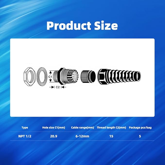 Strain Relief Cord Connector, CGELE 2 Pack NPT 1/2" Waterproof Cable Gland Cord Grip Spiral Adjustable Connector Strain Relief Cord Connectors Joints Nylon with Gaskets