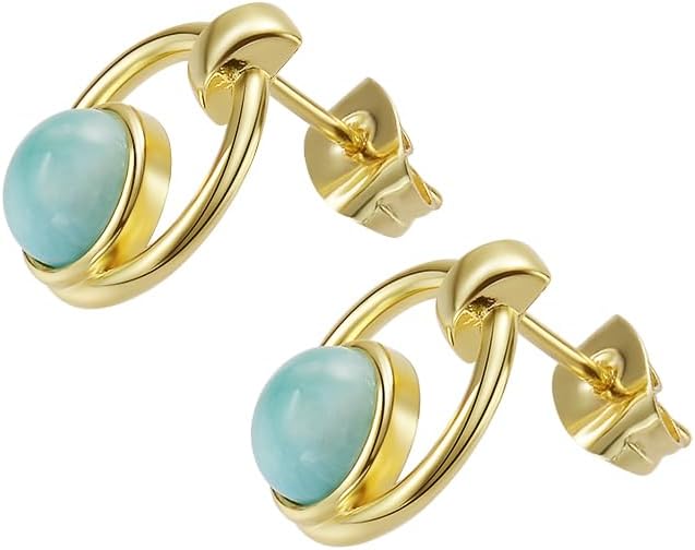 Larimar Stone Stud Earrings for Women, Gold Plated Brass