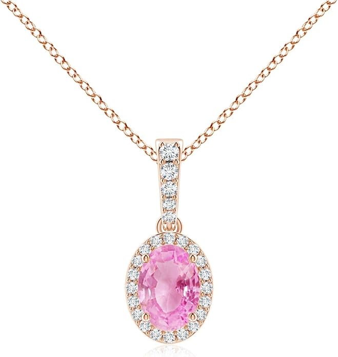 Angara Natural Pink Sapphire Pendant for Women | Vintage Style Oval Pink Sapphire Halo Pendant in 14K Solid Gold/Platinum With 18" Chain | Birthday, Anniversary, Gemstone Jewelry Gift