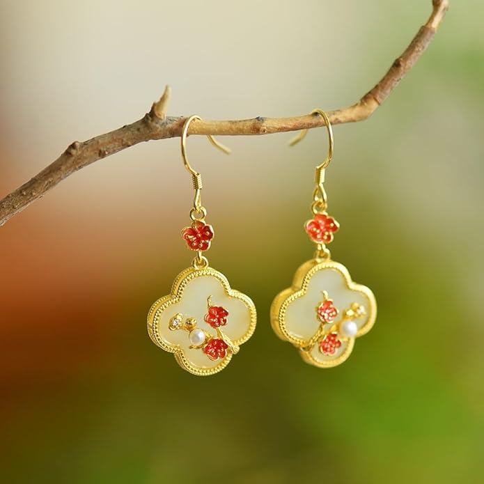 14K Gold over S925 Real Natural Jade Plum Blossom Earrings, Enamel Vintage Style Dangle Earrings, Delicate Jade Jewelry Gift for Wife's Elegance