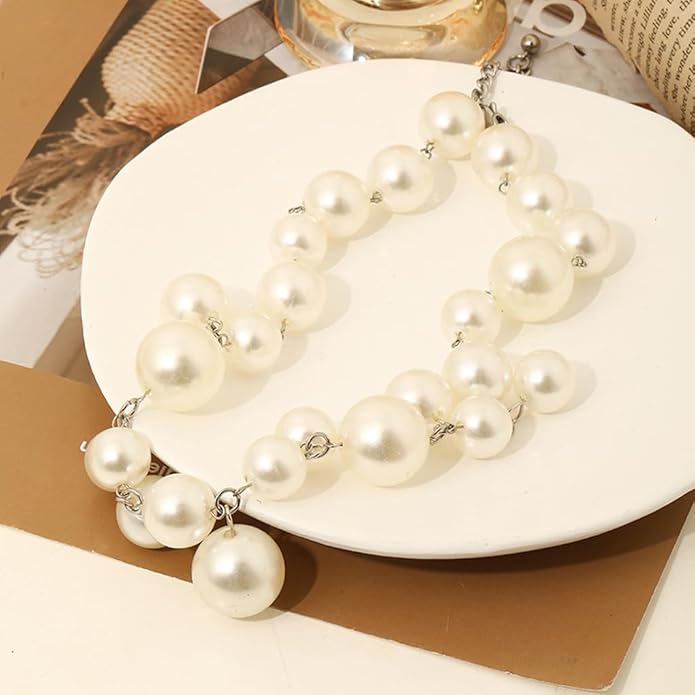 Chunky Pearls Statement Choker Necklace for Women,14K Gold Large Beaded Punk Ball Cluster Collar Necklace Party Dainty Jewelry Gift