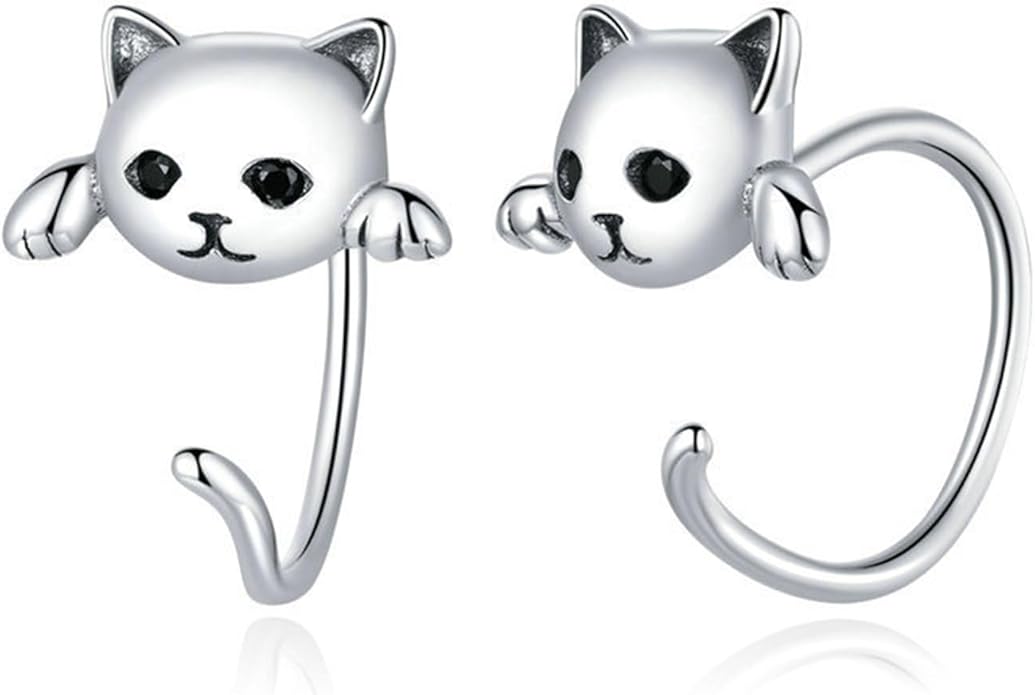 S925 Sterling Silver Stud Earrings for Women, Animal Cat & Dog Studs and Minimal Teardrop Ear Climber, Hypoallergenic Earrings for Sensitive Ears, Gift Box Included
