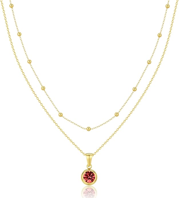 14K Gold-Plated Women's Double-Layer Birthstone Necklace Delicate Round Birthstone Pendant with a Simple Necklace, a Birthday Gift for Women Teenage Girls