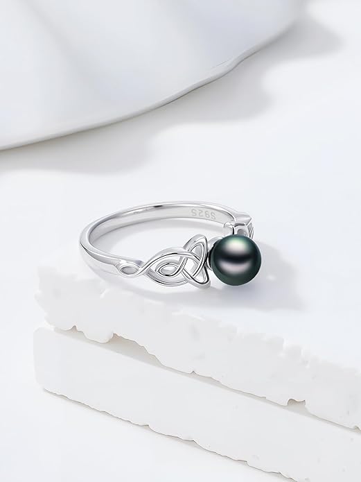 Tahitian Black Pearl AAAA 18K White Gold Plated Sterling Silver Rings for Women Wife Mom Girlfriend Valentine Her Jewelry Gift for Christmas Wedding Anniversary Birthday Graduation