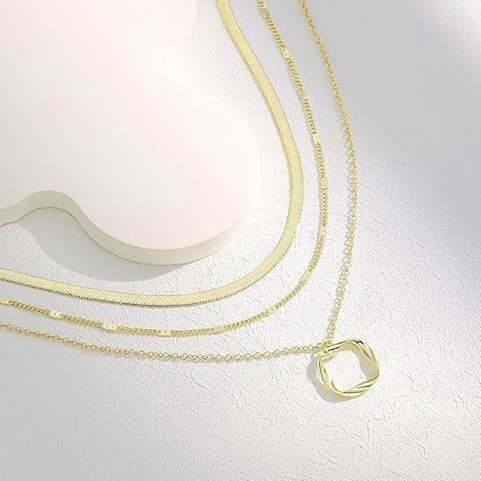 Evabelle Gold Layered Necklace for Women Trendy Jewelry 14K Real Gold Plated Chunky Chain Stackable Necklaces Dainty Choker Necklaces Rectangle Square Pendant