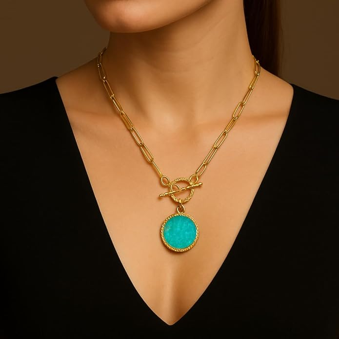 Gempires Gemstone Coin Front Toggle Pendant Necklace for Women with Gold Paperclip Chain, Natural Crystal Pendant with Toggle Clasp, Handcrafted Perfect Jewelry Gift for her