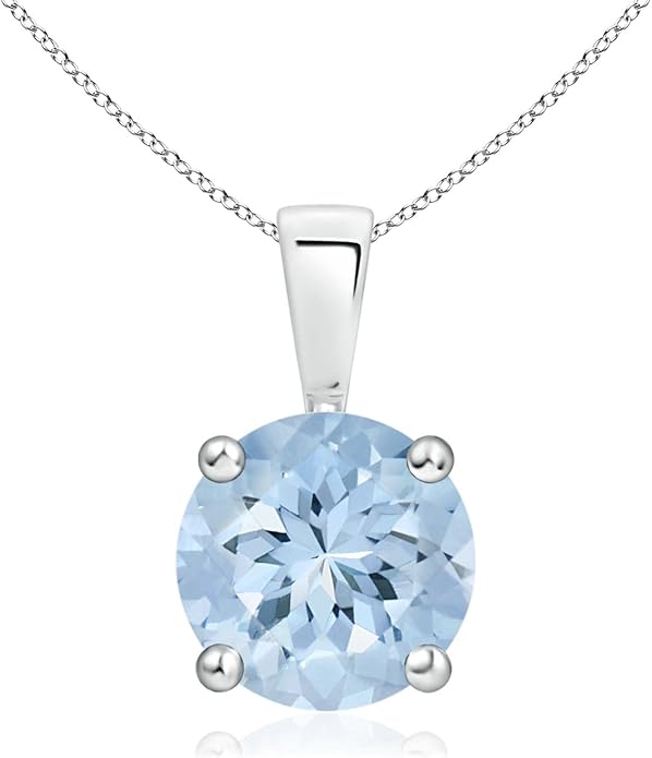 Angara Natural Aquamarine Solitaire Pendant for Women | Round Aquamarine Solitaire Pendant Necklace in 14K Solid Gold/Silver/Platinum With 18" Chain | March Birthday, Gemstone Jewelry Gift