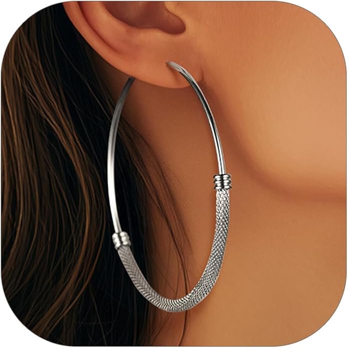KeyStyle Mesh Hoop Earrings for Women, Stainless Steel Gold Hoops Earring Lightweight Loops, 2MM Thick Hypoallergenic Circle Endless Hollow Hoop 20mm-80mm