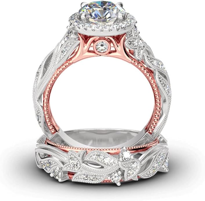 Jeulia 4 Carat Openwork Ring Sets for Women 925 Sterling Silver Wedding Sets Rose Gold Round Cut Halo Engagement Ring White Diamond band CZ Solitaire Anniversary Promise Rings