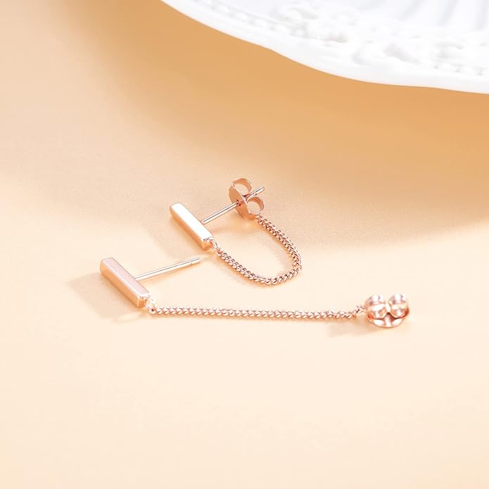 Reffeer Solid 925 Sterling Silver Stud Earrings Minimalist Bar Earrings with Chain Dangle Earrings For Women