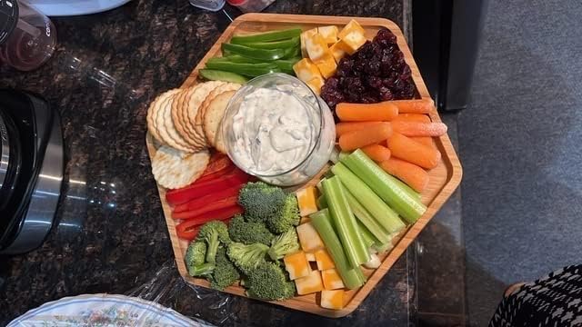 Bamboo Serving Trays Cutting Boards 16.5"x11.8"（42x30cm with Handle, Set Includes 0.63"(1.6cm) Thick Plates 1xHexagon 12.5"(32cm)+1xSquare 7.8"(20cm)+1xSquare 5.9"(15cm) for Family Dinner