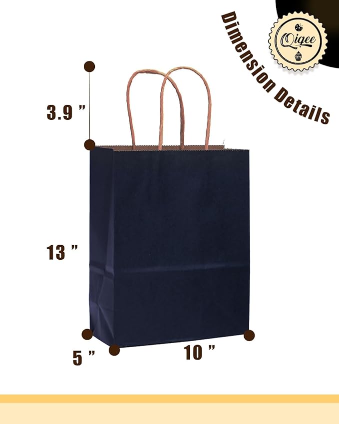 qiqee Large Kraft Paper Bags with Handles 13"x10"x5" 32 pcs Gift Paper Bag Navy Blue Solid Color Bags（Large Size）
