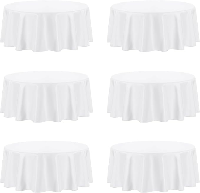 PureFit 6 Pack Round White Table Cloths 70 Inch for Round Tables, Stain and Wrinkle Resistant Table Linens for Home Use, Wedding, Party, Banquet and Camping