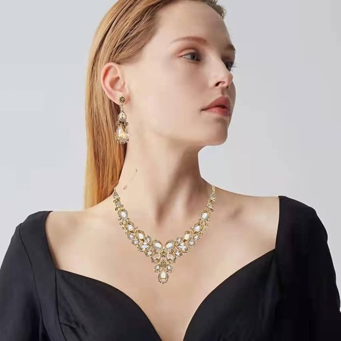 Women's Wedding Bridal Austrian Crystal Glass Teardrop Statement Necklace Dangle Earrings Bracelet Ring Wedding Party Jewelry Set for Bridal Bridesmaid