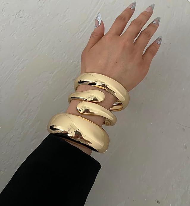 Chunky Gold Bangle Bracelets for Women, Dainty 14k Gold Plated Big Stackable Bangles Set, Trendy Statement Cuff Bracelet Stack Fashion Jewelry Christmas Gifts