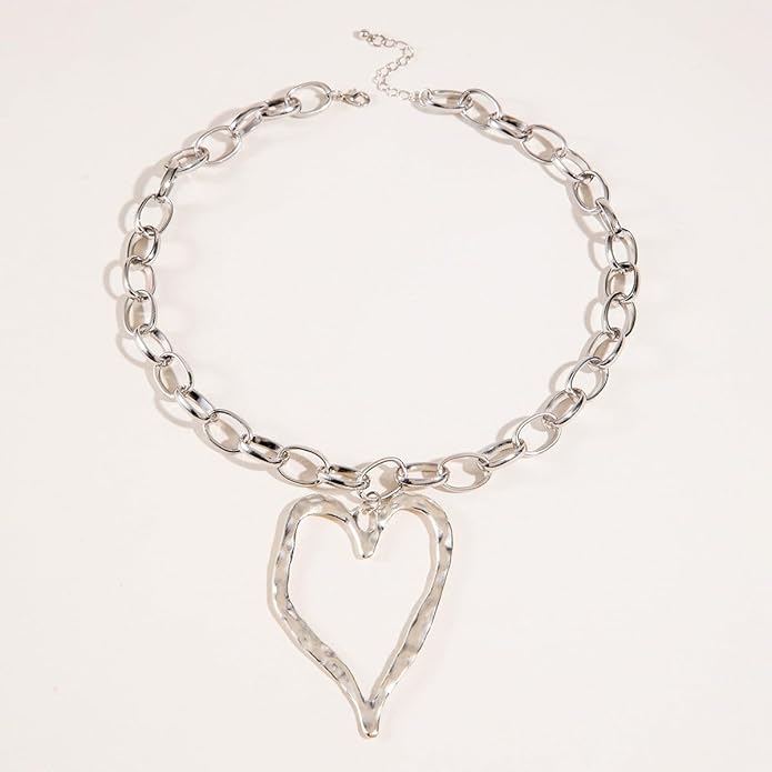 Chunky Gold Necklace Big Heart Necklace for Women Silver Large Statement Necklaces Thick Bold Chain Puffy Love Heart Charm Necklaces for Women with OT Toggle Silver Chunky Gold Jewelry Trendy Valentine's Day Gift