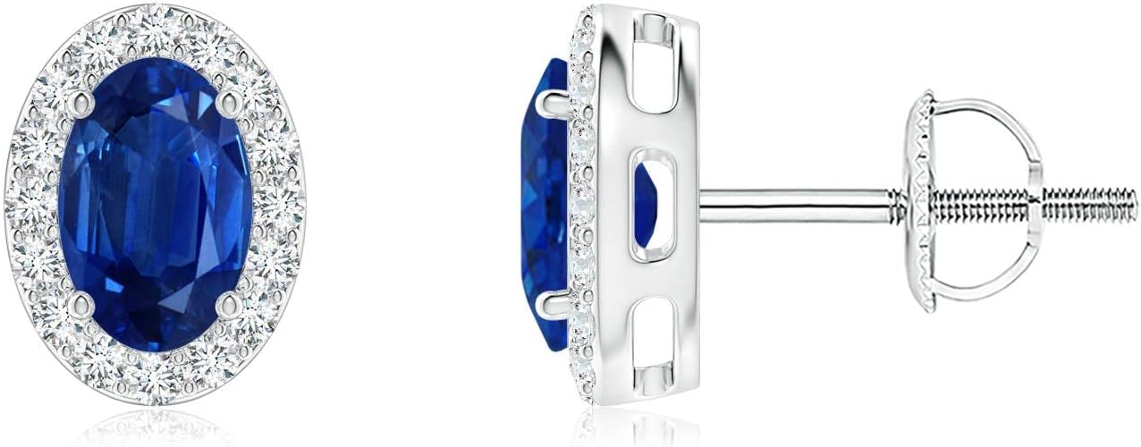 ANGARA Natural Blue Sapphire Earrings for Women | Prong-Set Oval Blue Sapphire Stud Earrings with Diamond Halo in 14K Solid Gold/Platinum | September Birthday, Anniversary, Gemstone Jewellery Gift