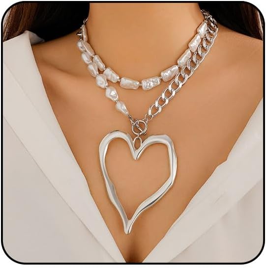 Chunky Gold Necklace Big Heart Necklace for Women Silver Large Statement Necklaces Thick Bold Chain Puffy Love Heart Charm Necklaces for Women with OT Toggle Silver Chunky Gold Jewelry Trendy Valentine's Day Gift