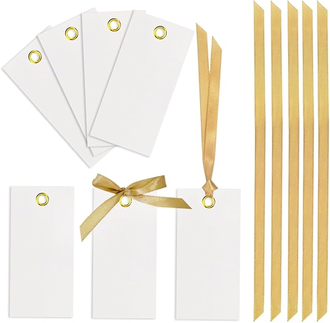 25 Pcs Name Place Cards Blank Seat Card, 2 x 4 in Table Cards with Stain Ribbon, Wedding Place Card, Hanging Tags for Wedding table Setting Reserved Chairs Signs Dinner Banquet Parties.(Gold)