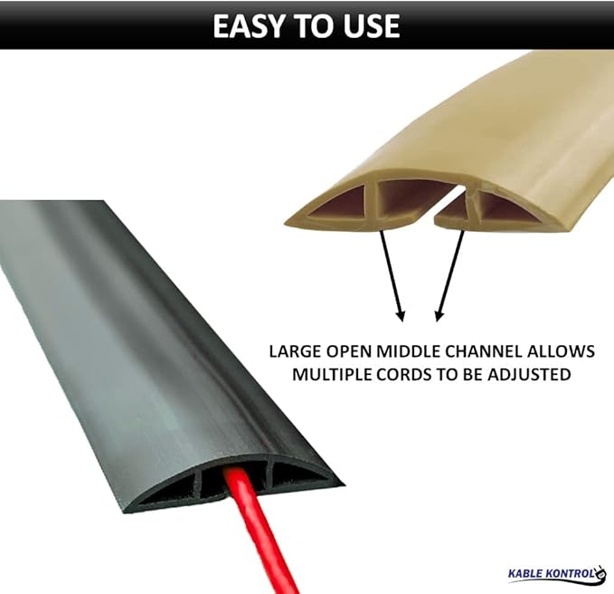 Kable Kontrol Floor Cord Cover kit - 15 Feet Long Black Plastic Cable Protector, Hides Cords and Conceals Wires, for Extension Cord Cable Management, Channel Size 0.75” W x 0.43” H
