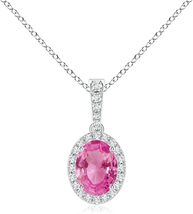 Angara Natural Pink Sapphire Pendant for Women | Vintage Style Oval Pink Sapphire Halo Pendant in 14K Solid Gold/Platinum With 18" Chain | Birthday, Anniversary, Gemstone Jewelry Gift