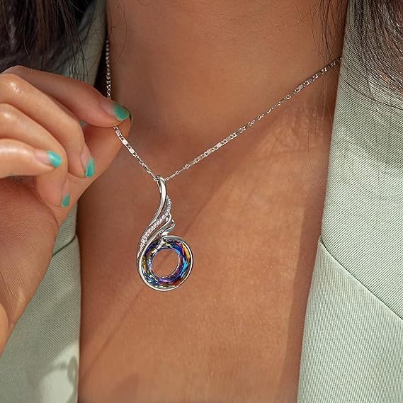 Phoenix Crystal Pendant Necklace for Women Rise from the Ashes - Vintage Copper Silver-Plated Jewelry with 7 Diamond Accents, Gift for Mom, Girlfriend, Wife, Mother's Day, Wedding, Anniversary & Evening Party,Symbol of Luck and Renewal.
