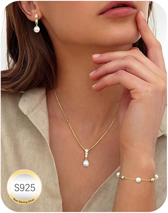 14K Gold Plated Pearl Jewelry Set for Women - 925 Sterling Silver Post Dangle Earrings Dainty Pearl Necklace Bracelet Wedding Jewelry Sets for Bride Bridesmaid CZ Costume Accessories Trendy
