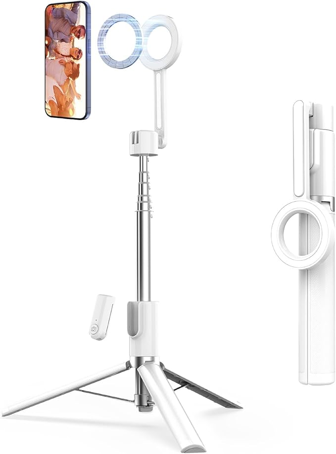 SEAJIC Magnetic Selfie Stick Tripod with Remote,54" Phone Tripod Compatible with MagSafe,Fit for iPhone 12/13/14/15 Series,Magsafe Case and Other Phones with Metal Ring