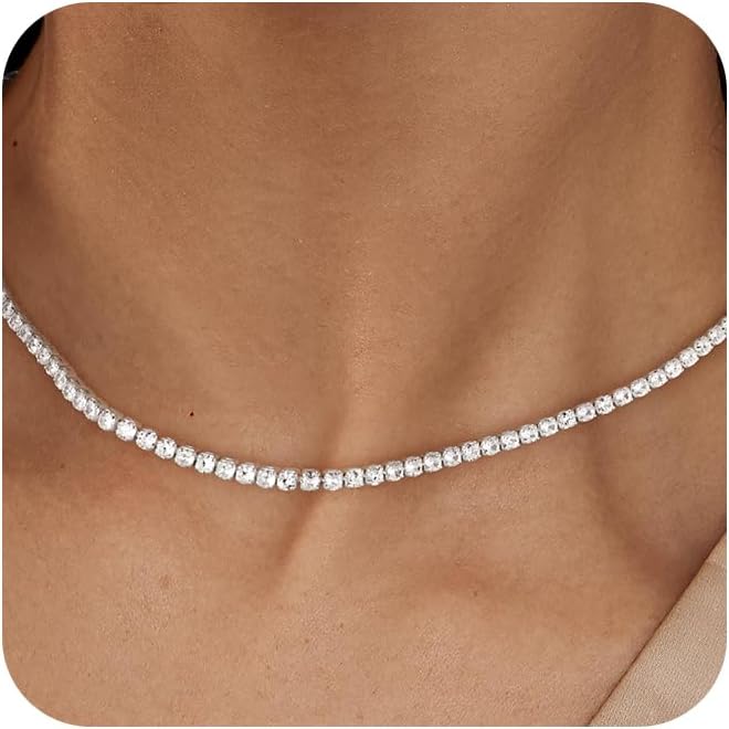Tennis Necklace for Women, 14K Gold/Silver Plated Rhinestone Choker Necklace for Women, Dainty Cubic Zirconia Cut Faux Diamond Chain