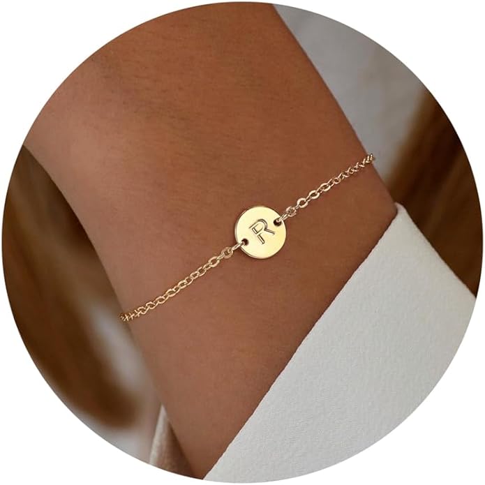 Ursteel Gold Initial Bracelet for Women Trendy - Valentines Day Gifts for Kids Teen Girls, Personalized A-Z Letter Cute Bracelet for Women, Dainty Gold Coin Disc Womens Jewelry Gifts