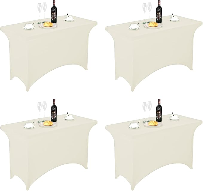 FORLIFE 4Pack Spandex Table Covers，Fitted Tablecloth for Rectangular Tables, Stretch Patio Table Covers, Universal Spandex Table Cover for Wedding, Banquet, Party (4ft, Ivory)