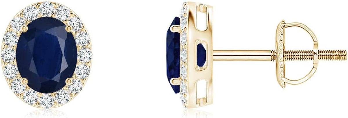 ANGARA Natural Blue Sapphire Earrings for Women | Prong-Set Oval Blue Sapphire Stud Earrings with Diamond Halo in 14K Solid Gold/Platinum | September Birthday, Anniversary, Gemstone Jewellery Gift