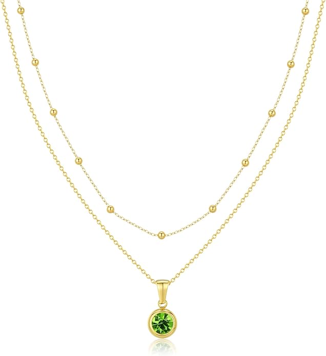 14K Gold-Plated Women's Double-Layer Birthstone Necklace Delicate Round Birthstone Pendant with a Simple Necklace, a Birthday Gift for Women Teenage Girls