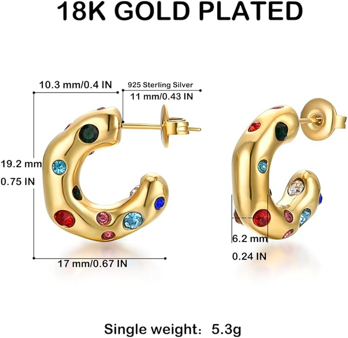 Gold Earrings for Women Girls,14K Gold Plated Hoop Earrings with 925 Sterling Silver Post Cubic Zirconia Stud Earring Huggie Hoops Earrings